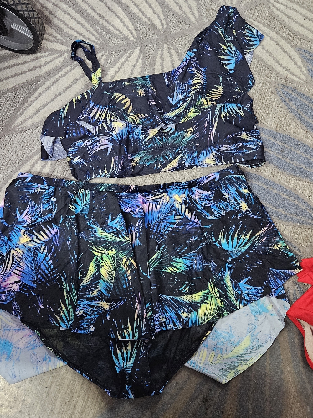 torrid Black Tropical Leaf Print One-Shoulder Bikini Set